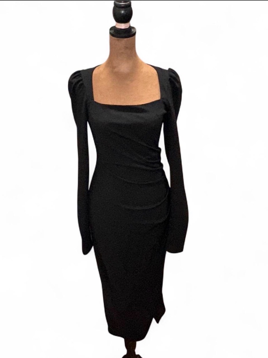 Black Square-Neck Long Sleeve Midi Dress Xs